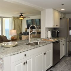 Kitchen is open to living and dining areas
