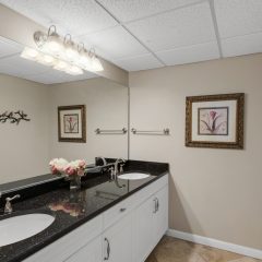 Guest bath with custom cabinetry, granite counters